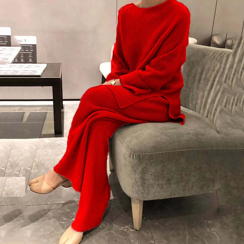 fall Best selling women clothing ladies long sleeve solid color knitted casual two piece women's sets knitted sweater