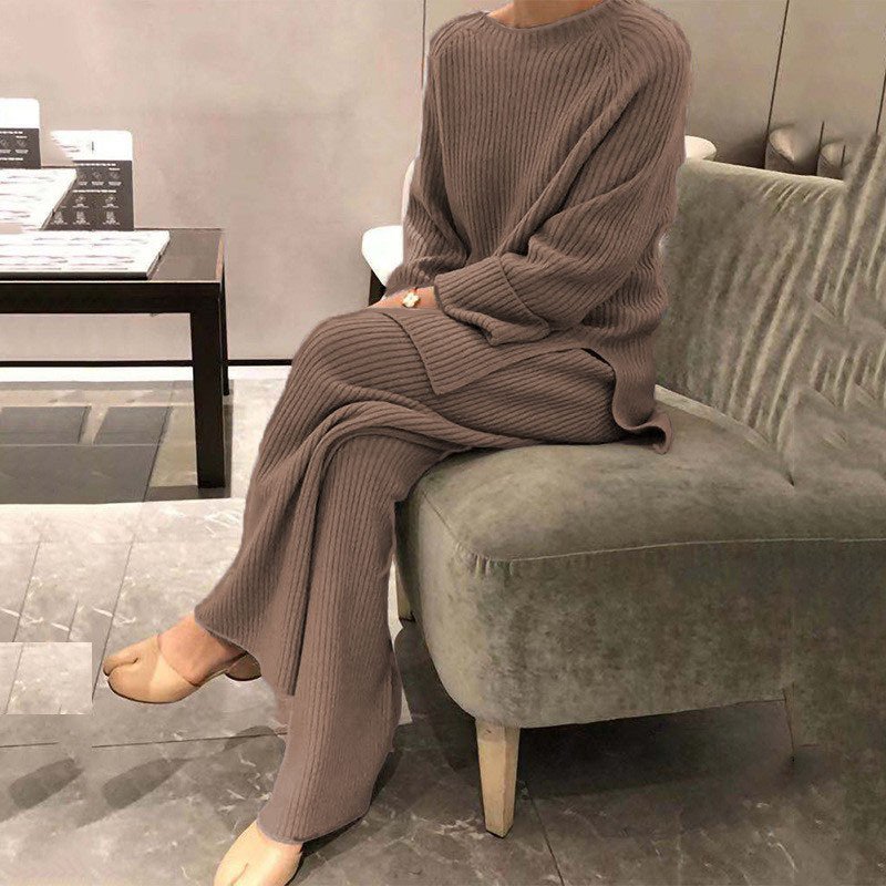 fall Best selling women clothing ladies long sleeve solid color knitted casual two piece women's sets knitted sweater