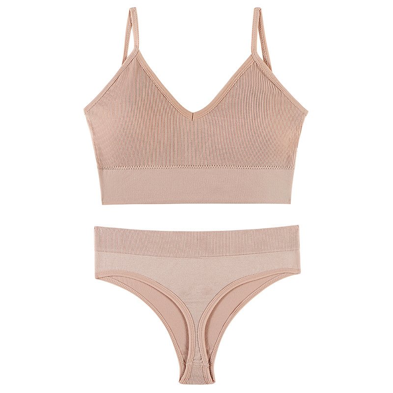 Women's Comfortable Ribbed Push-up Bra Set Quick Dry Seamless Panties Wireless Underwear Women