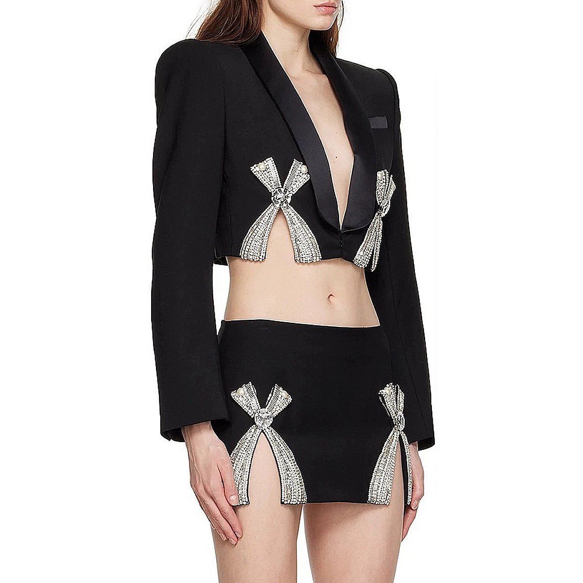 Popular ladies elegant suits with rhinestone bow women's blazer and skirt 2 piece set