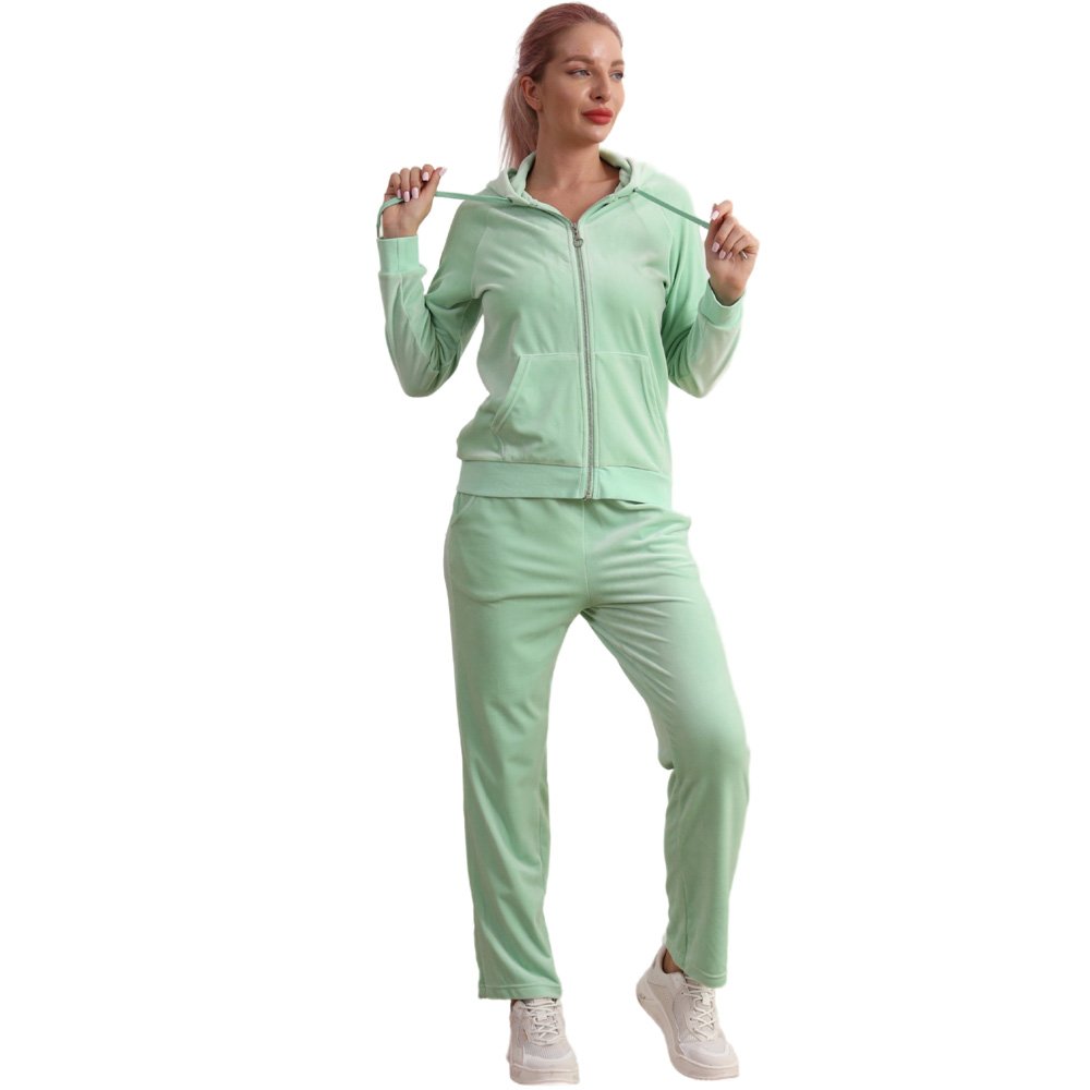 women's sets casual Long Sleeve Hoodie Velvet Casual Pants Velvet Zipper Green Long Sleeve Sweatsuit