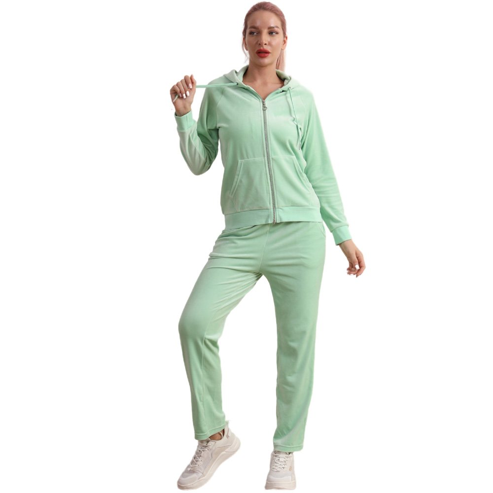 women's sets casual Long Sleeve Hoodie Velvet Casual Pants Velvet Zipper Green Long Sleeve Sweatsuit