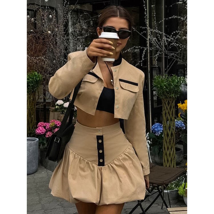 2024 autumn new style lapel khaki British style short long sleeve navel exposed flower bud skirt women set