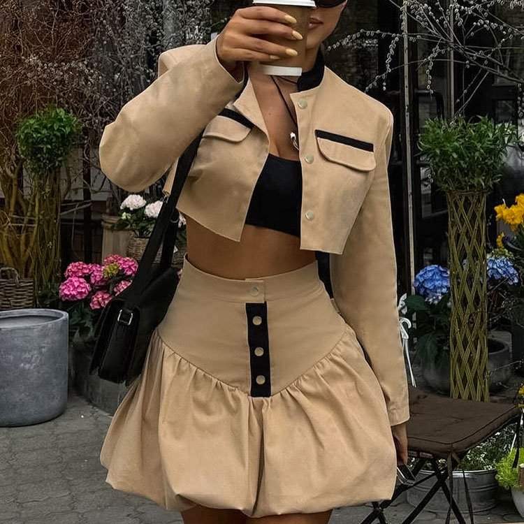 2024 autumn new style lapel khaki British style short long sleeve navel exposed flower bud skirt women set