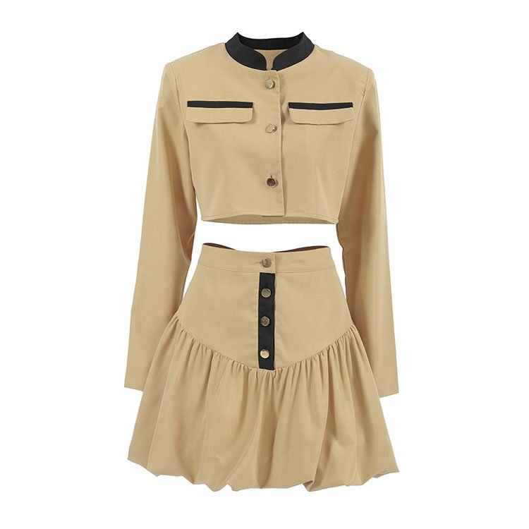2024 autumn new style lapel khaki British style short long sleeve navel exposed flower bud skirt women set