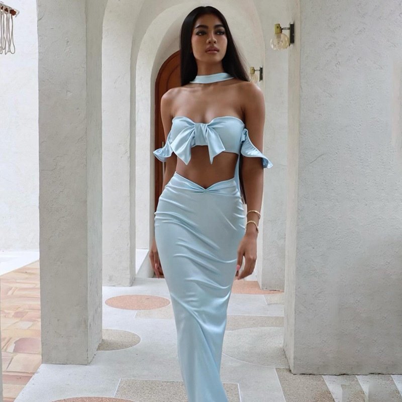 JY summer 2024 new strapless sleeveless crop top and skirt 2 piece set solid bodycon sexy casual women's set