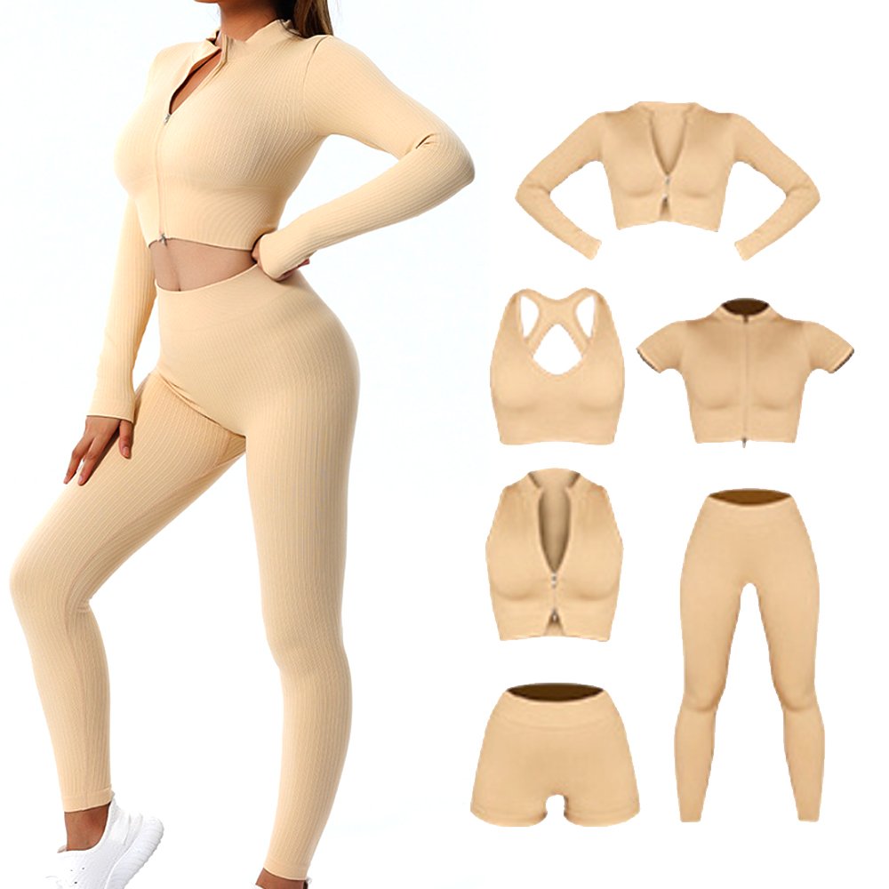 6 pieces Gym Fitness Women's Sets Performance Active Wear Seamless Ribbed Yoga Sets
