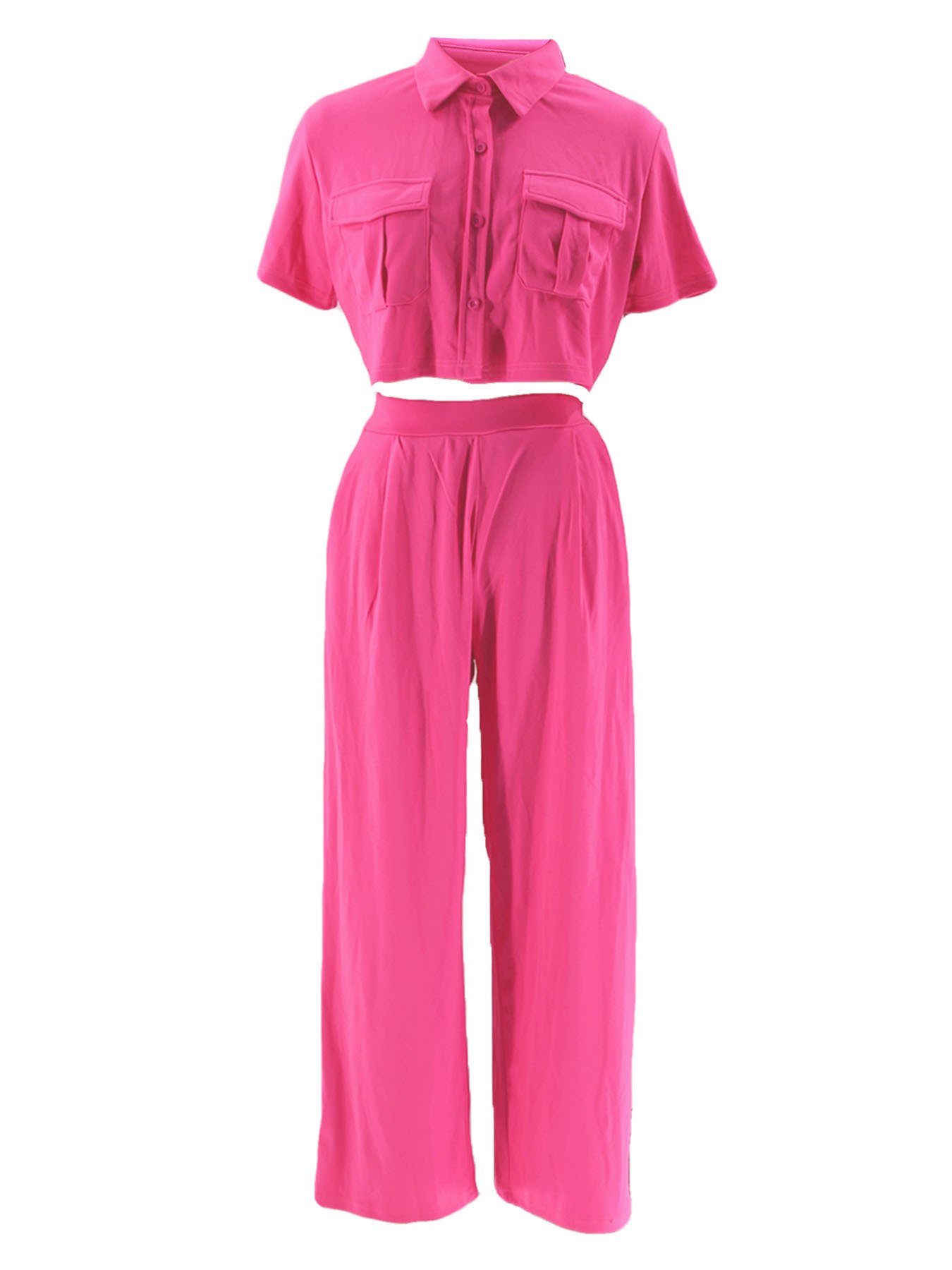 2024 New Arrival Fall Solid Color Crop Top 2 Piece Sets For Women Clothes Short Sleeve Shirt And Wide Leg Pants Set