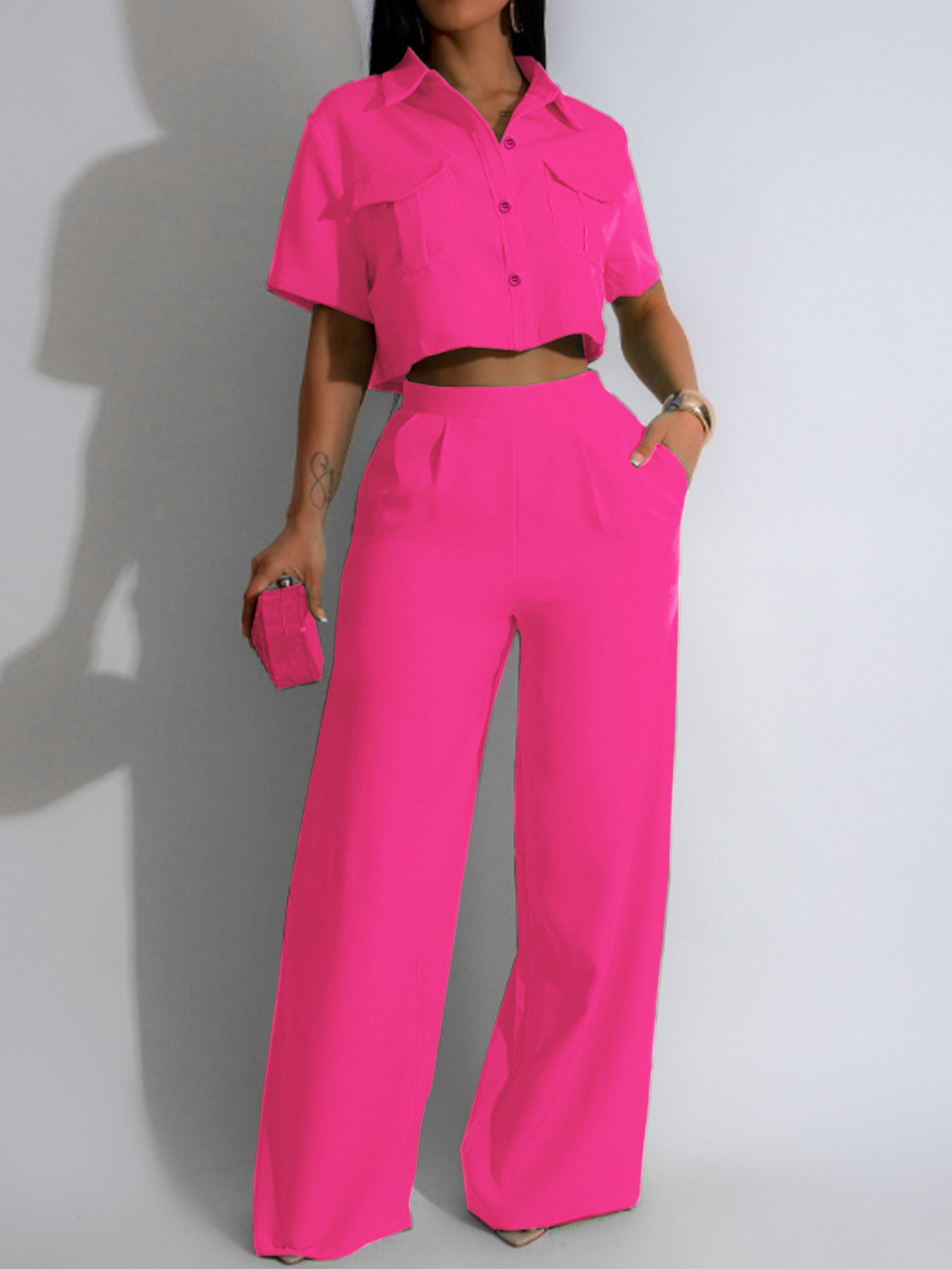 2024 New Arrival Fall Solid Color Crop Top 2 Piece Sets For Women Clothes Short Sleeve Shirt And Wide Leg Pants Set