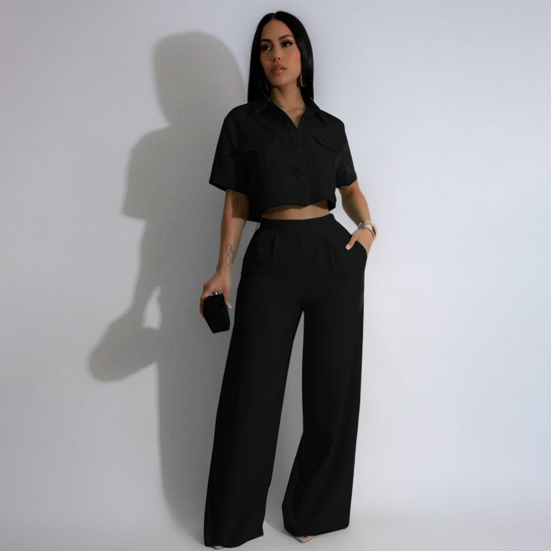 2024 New Arrival Fall Solid Color Crop Top 2 Piece Sets For Women Clothes Short Sleeve Shirt And Wide Leg Pants Set