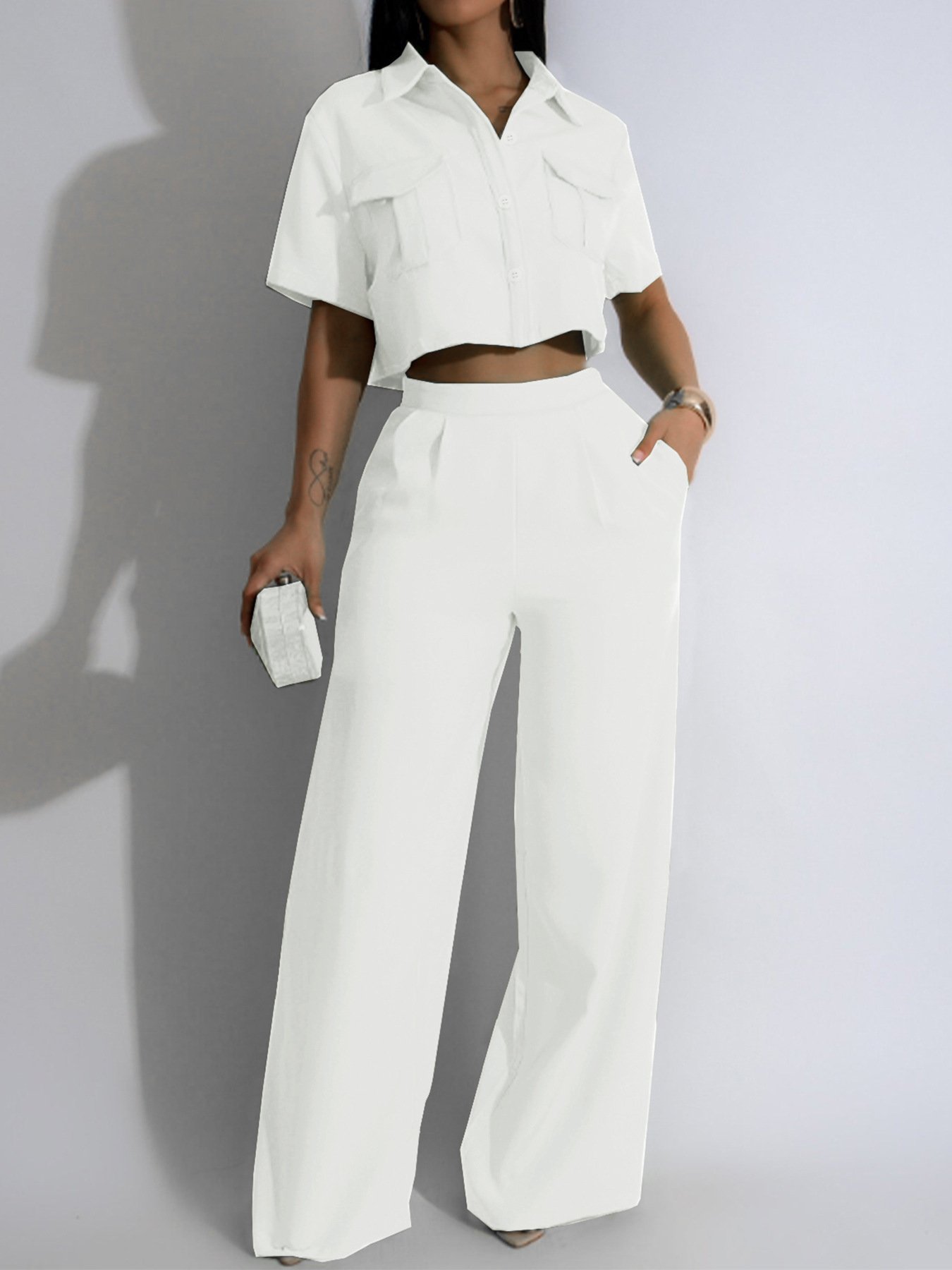2024 New Arrival Fall Solid Color Crop Top 2 Piece Sets For Women Clothes Short Sleeve Shirt And Wide Leg Pants Set