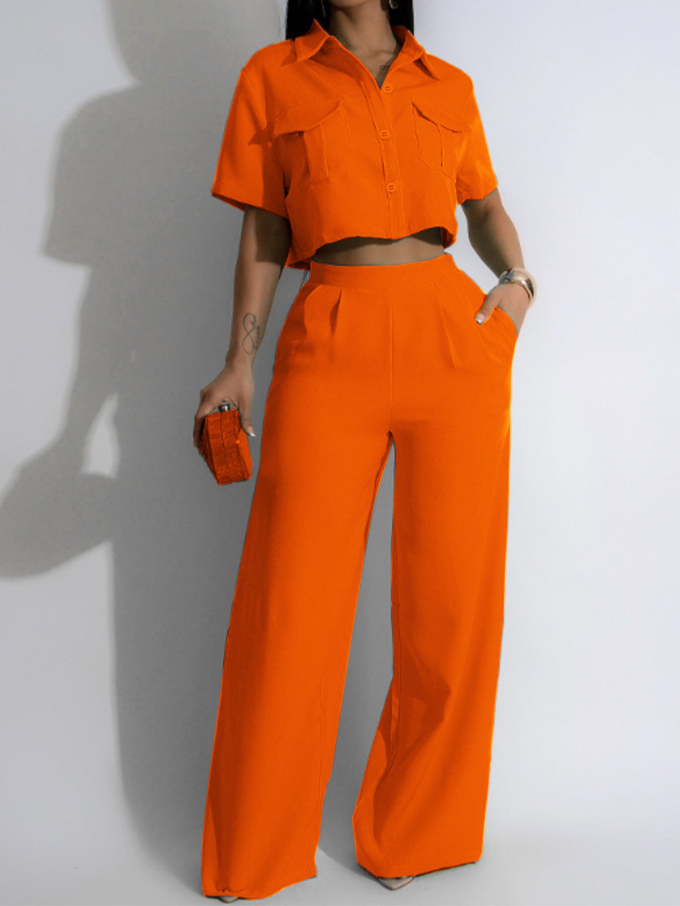 2024 New Arrival Fall Solid Color Crop Top 2 Piece Sets For Women Clothes Short Sleeve Shirt And Wide Leg Pants Set