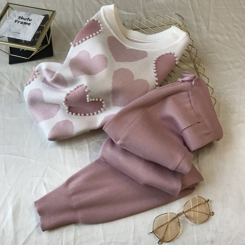 Hot Sale Women's Knitted Sweater Pants Set Sportswear Heart Beaded Pullover Knitted Sweater