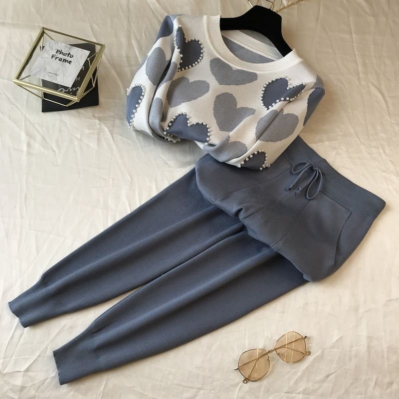 Hot Sale Women's Knitted Sweater Pants Set Sportswear Heart Beaded Pullover Knitted Sweater