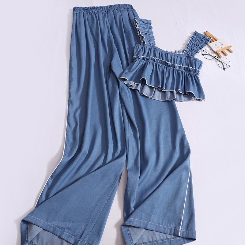 Boutique Wholesale 2024 Summer New Fashionable Bow Tie Camisole Vest High Waist Age Reducing Wide Leg Pants Women's Sets