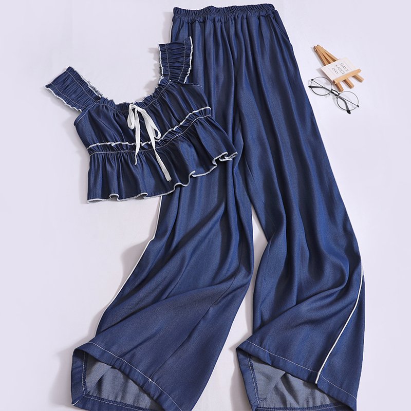 Boutique Wholesale 2024 Summer New Fashionable Bow Tie Camisole Vest High Waist Age Reducing Wide Leg Pants Women's Sets