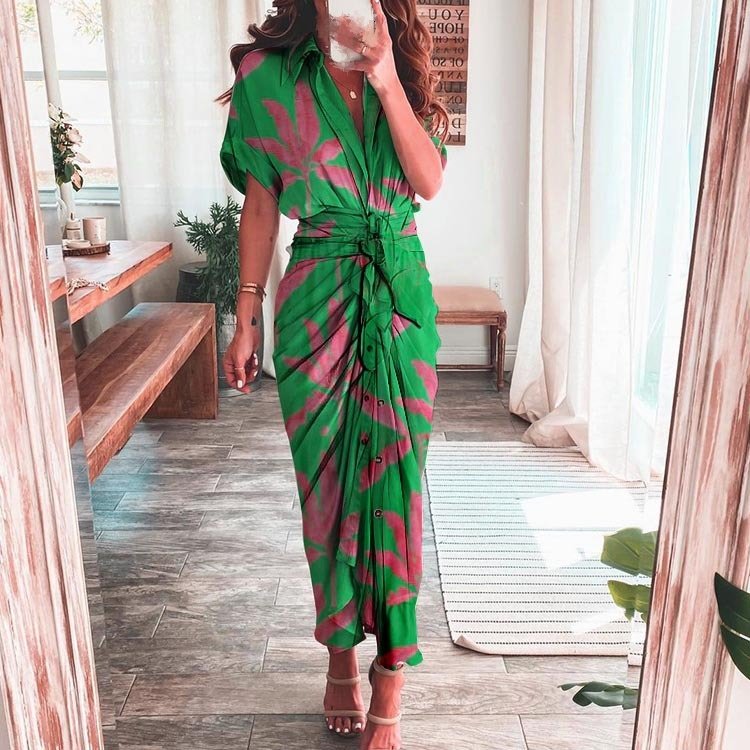 2024 Summer New European American Women's Style Fashion O-Neck Collar Digital Printing Long Skirt Shirt Dress Made of Fleece