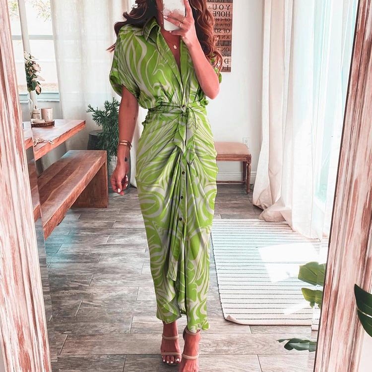 2024 Summer New European American Women's Style Fashion O-Neck Collar Digital Printing Long Skirt Shirt Dress Made of Fleece
