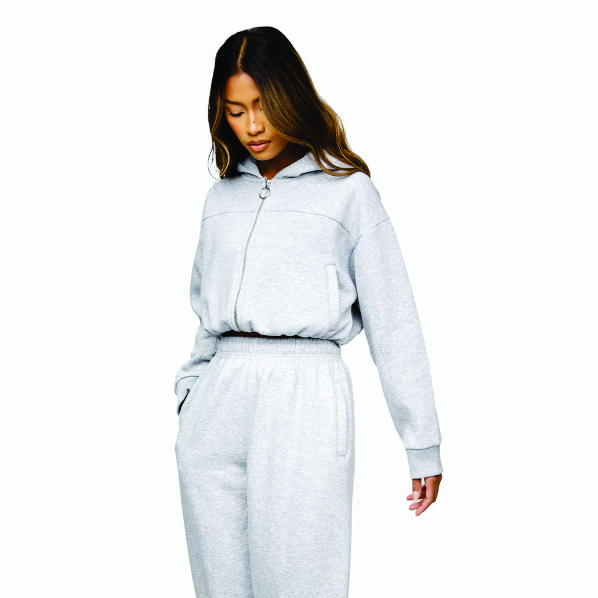 Heather Grey Cropped Athletics Club Full Zip Hood Women's Tracksuit Top Hoodie 65% Cotton 35% Polyester Breathable Knitted Sport