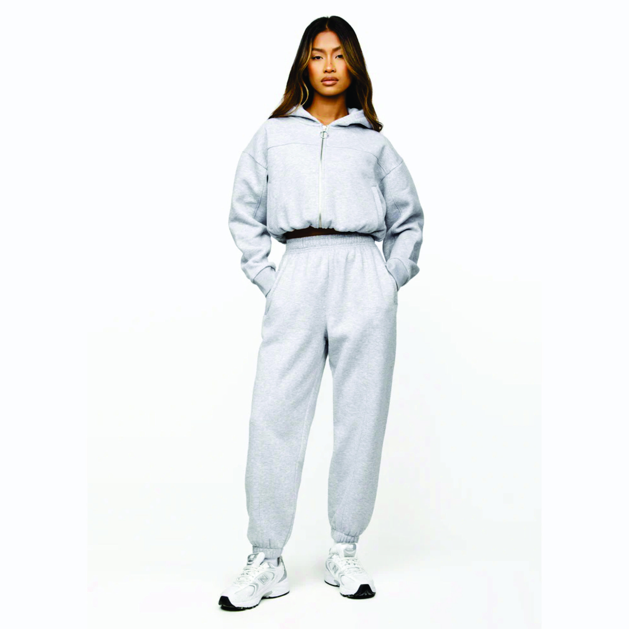 Heather Grey Cropped Athletics Club Full Zip Hood Women's Tracksuit Top Hoodie 65% Cotton 35% Polyester Breathable Knitted Sport