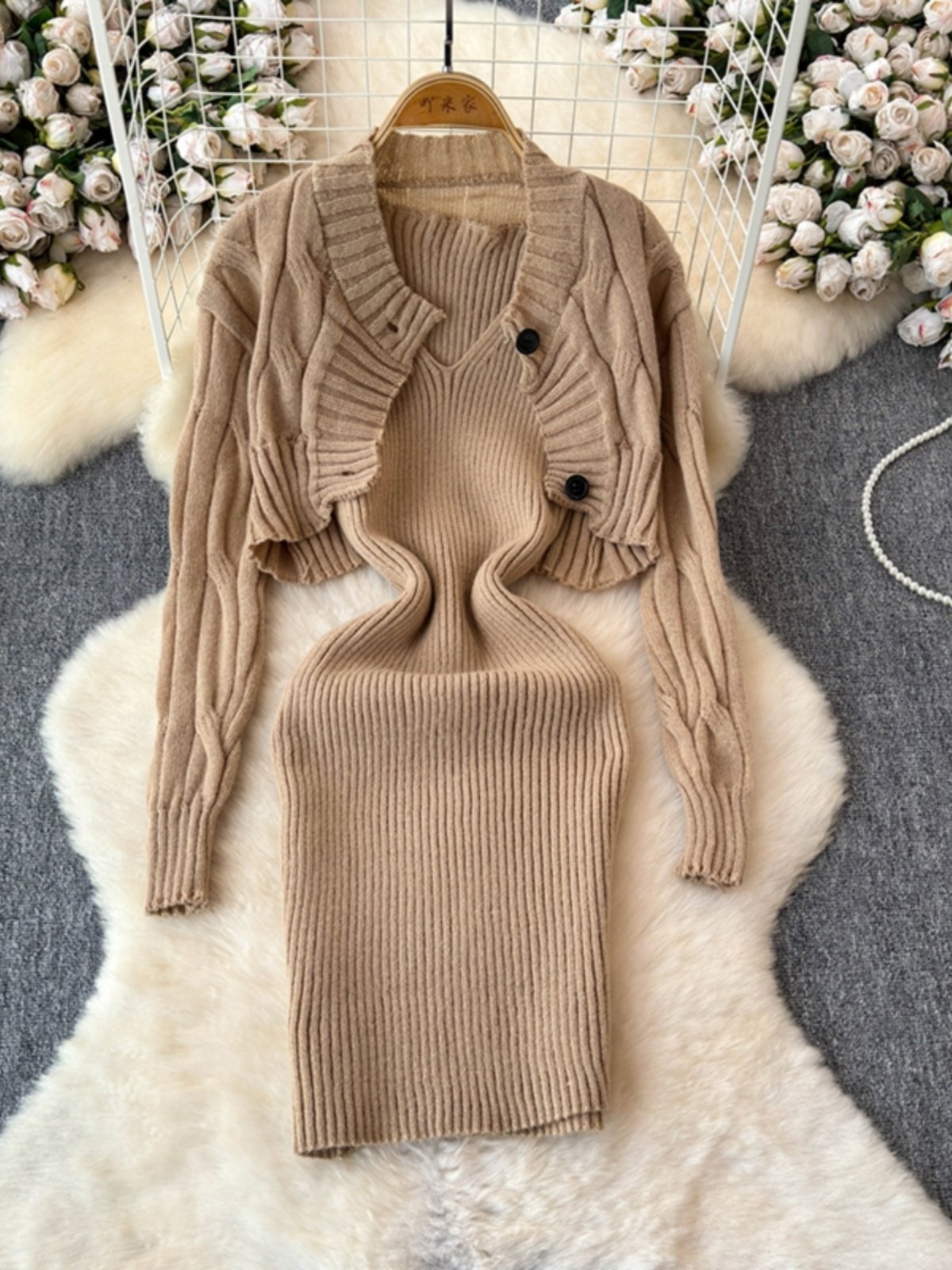 Boutique Wholesale 2024 Autumn New Fashionable V-neck Knitted Cardigan Jacket Camisole Vest Dress Women's Set