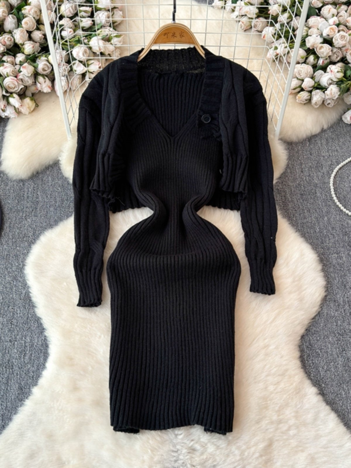 Boutique Wholesale 2024 Autumn New Fashionable V-neck Knitted Cardigan Jacket Camisole Vest Dress Women's Set