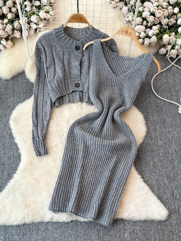 Boutique Wholesale 2024 Autumn New Fashionable V-neck Knitted Cardigan Jacket Camisole Vest Dress Women's Set