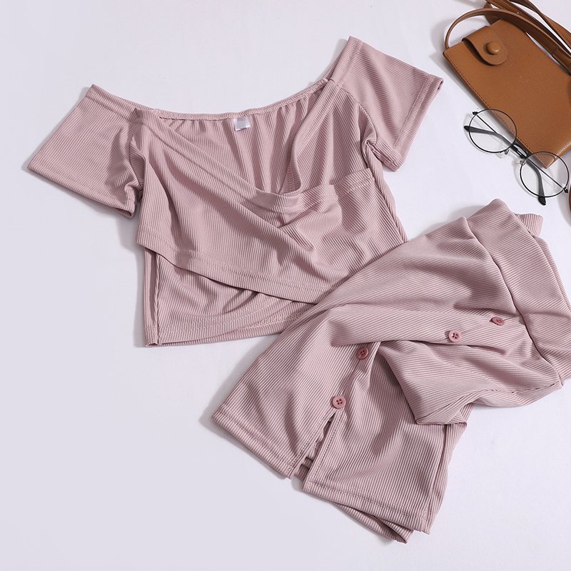 Boutique Wholesale 2024 Summer New Design Cross V-neck Short Sleeved High Waisted Buckle Slit Skirt Women's Set