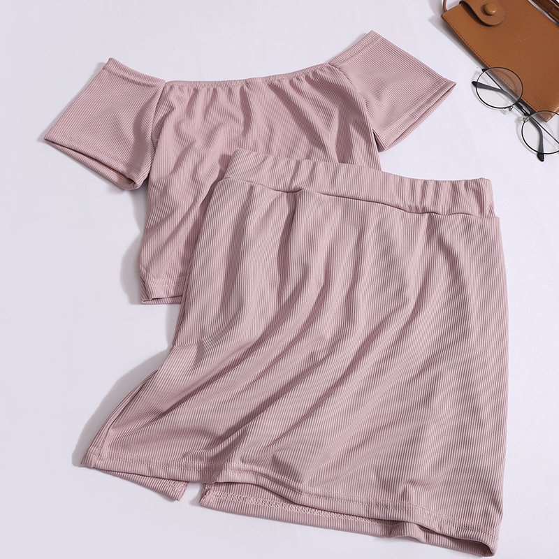 Boutique Wholesale 2024 Summer New Design Cross V-neck Short Sleeved High Waisted Buckle Slit Skirt Women's Set