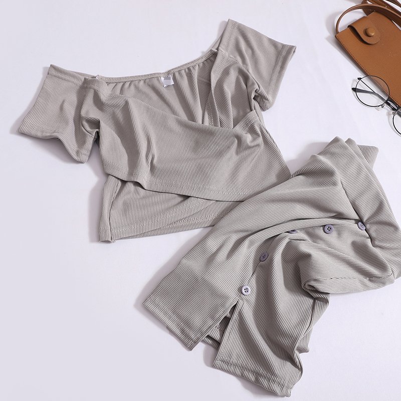 Boutique Wholesale 2024 Summer New Design Cross V-neck Short Sleeved High Waisted Buckle Slit Skirt Women's Set