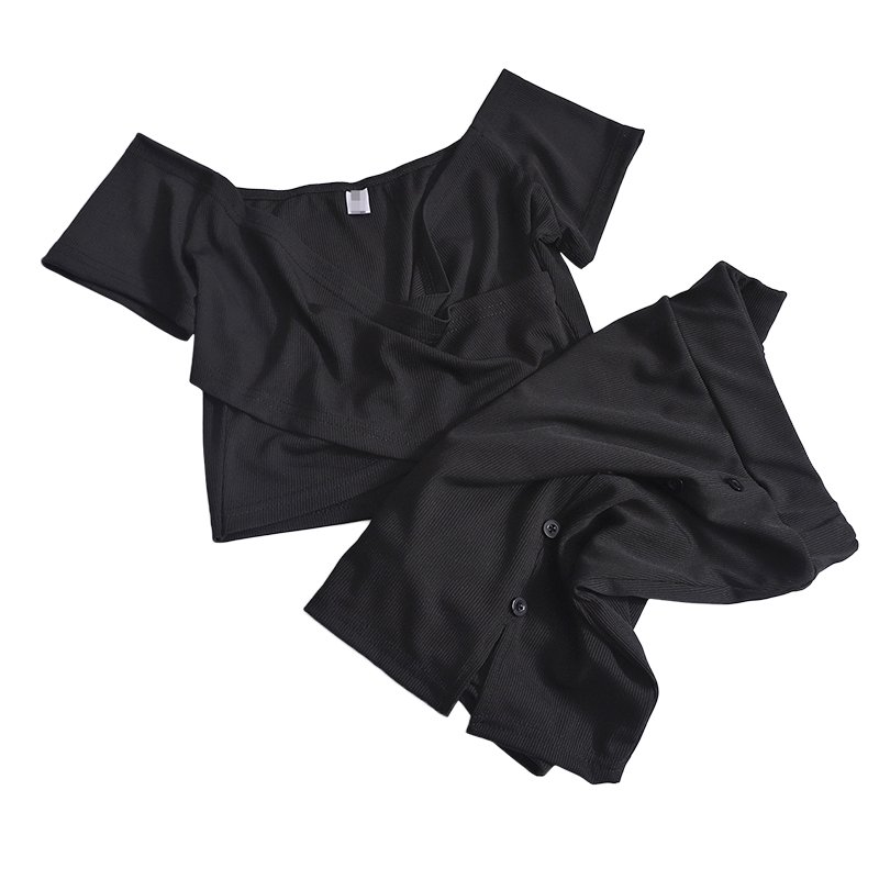 Boutique Wholesale 2024 Summer New Design Cross V-neck Short Sleeved High Waisted Buckle Slit Skirt Women's Set