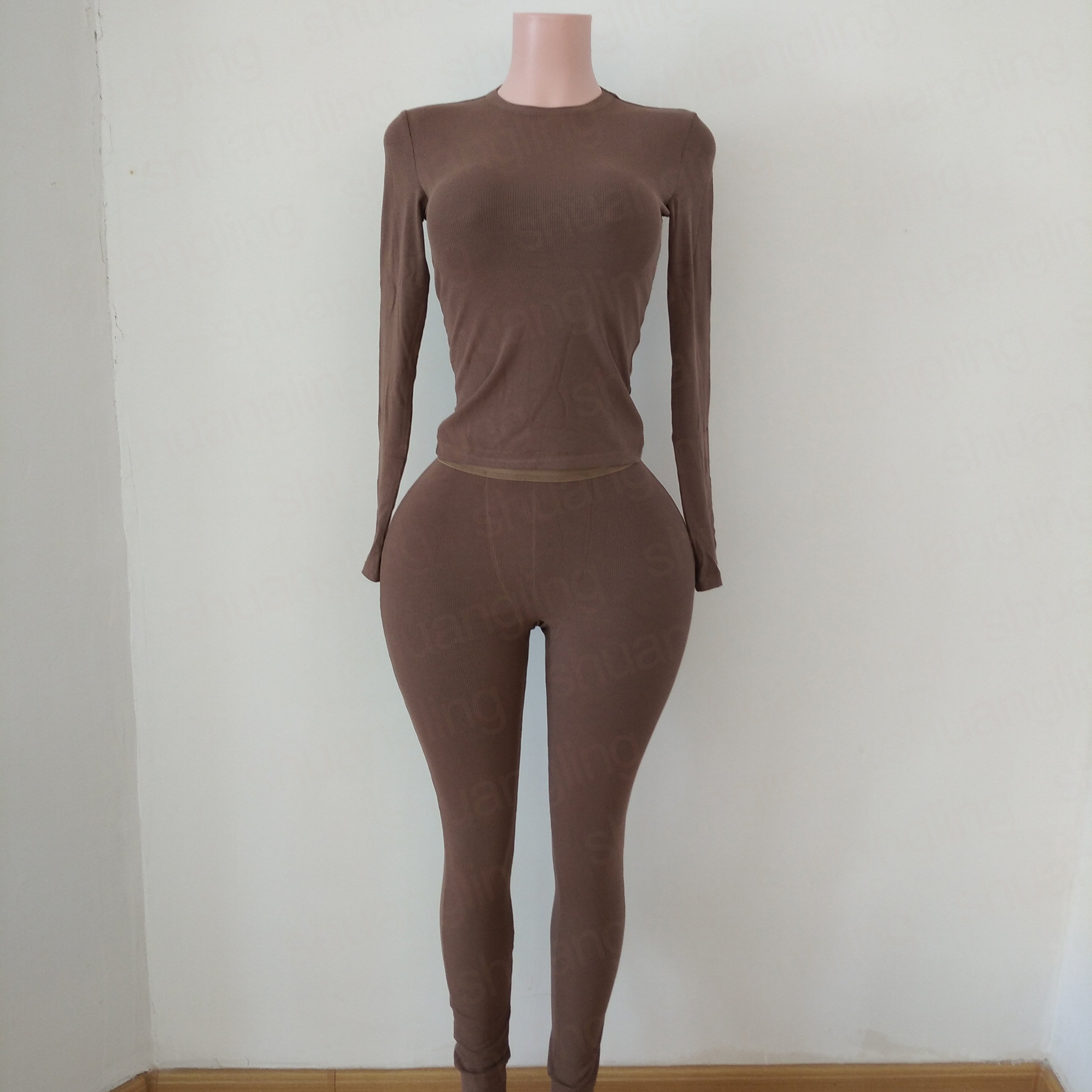 Custom Fall 2024 Women Clothing Cotton Ribbed Basic Nude Tops Shirt Leggings Lounge Wear Two Piece Loungewear Women's Sets