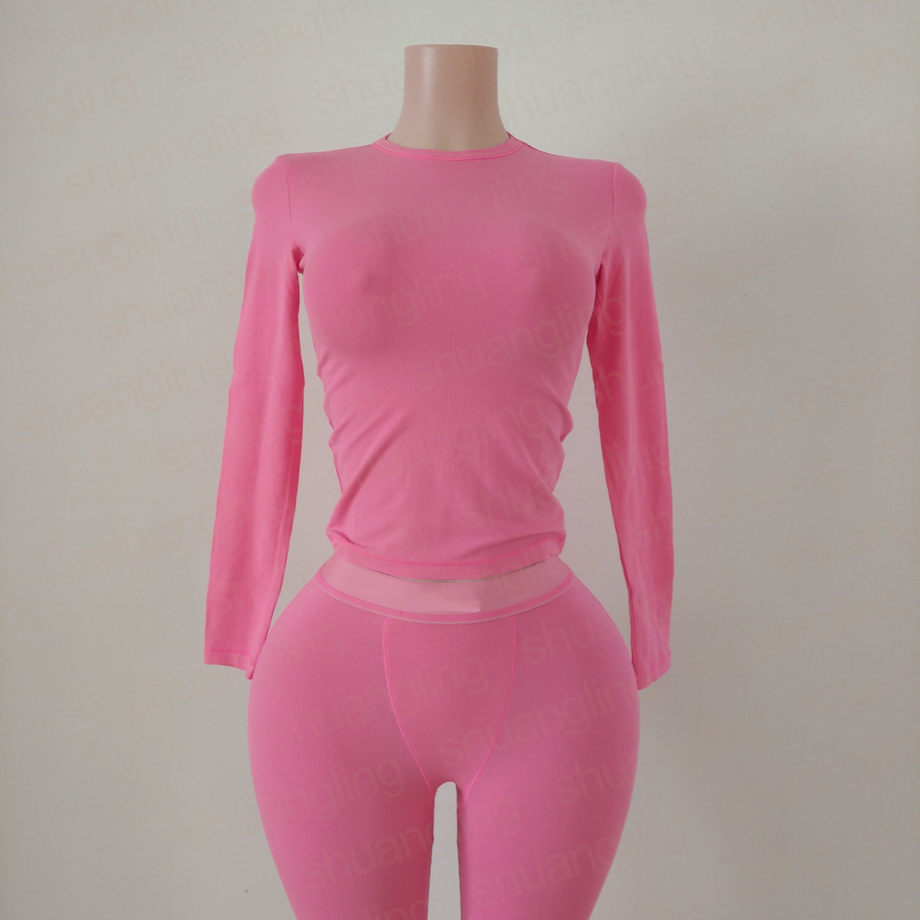 Custom Fall 2024 Women Clothing Cotton Ribbed Basic Nude Tops Shirt Leggings Lounge Wear Two Piece Loungewear Women's Sets