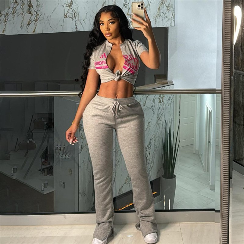 Garsia K24S47147 Summer Women's Sets Ankle-Length Casual Girl Print Crop Tops Tees+Pants Tracksuit 2 Piece Set Ladies