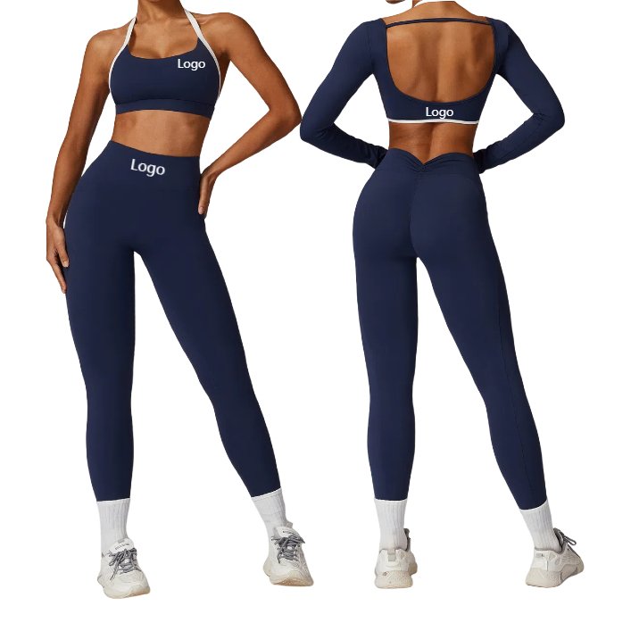 Customized Yoga Sets Women Workout Sportswear Gym Clothing Ribbed Fitness Long Sleeve Crop Top High Waist Leggings Sports Suits