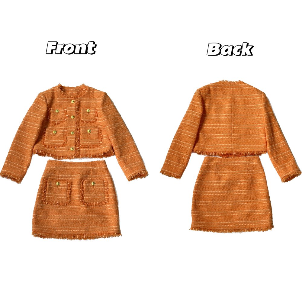 Luxury Women Round Neck Tweed Elegant Suit Skirt Tweed Set Office Women's Sets With Metal Buttons