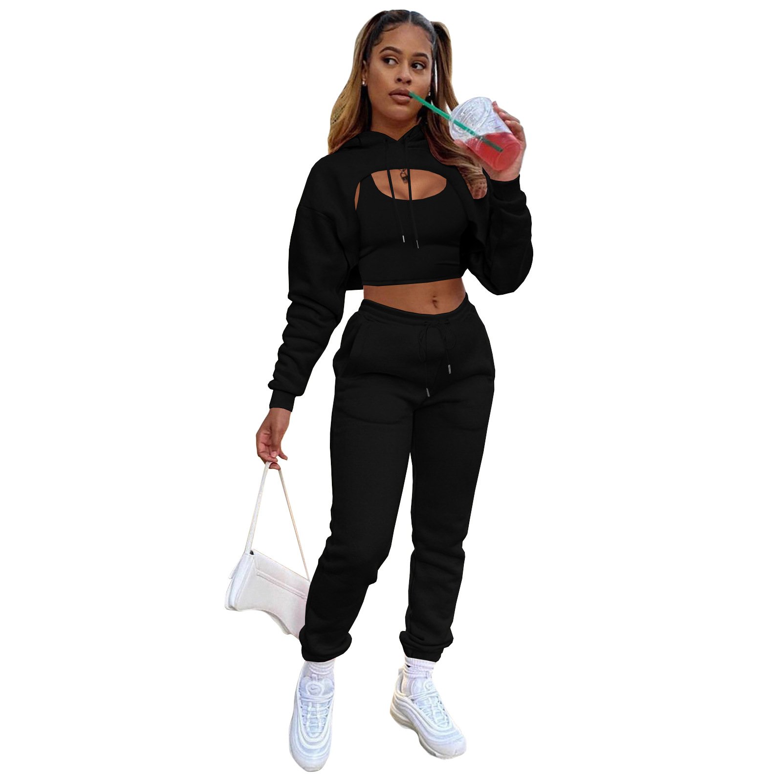 Dropping Custom LOGO Women's Cropped Navel Vest Lace Up Suit Three Piece Pants And Casual Crop Top Joggers Sets