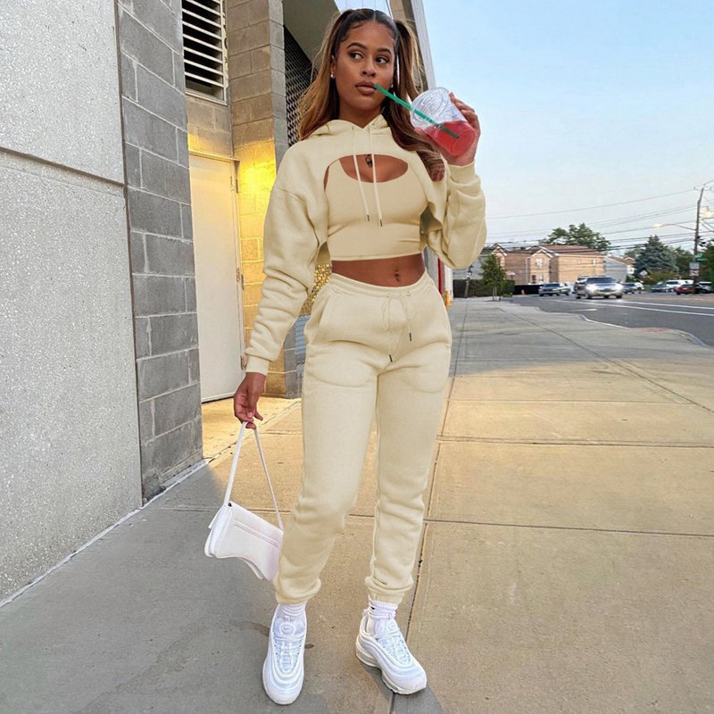 Dropping Custom LOGO Women's Cropped Navel Vest Lace Up Suit Three Piece Pants And Casual Crop Top Joggers Sets