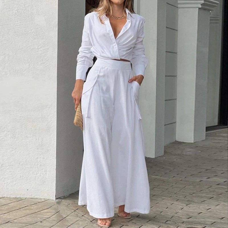 Casual Elastic Fall Two Piece Set Womens Clothing long sleeve blouse Plain Loose Polyester Wide Leg Pants Set Women