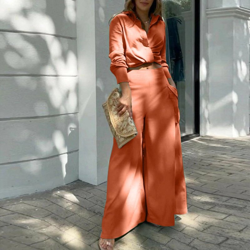 Casual Elastic Fall Two Piece Set Womens Clothing long sleeve blouse Plain Loose Polyester Wide Leg Pants Set Women