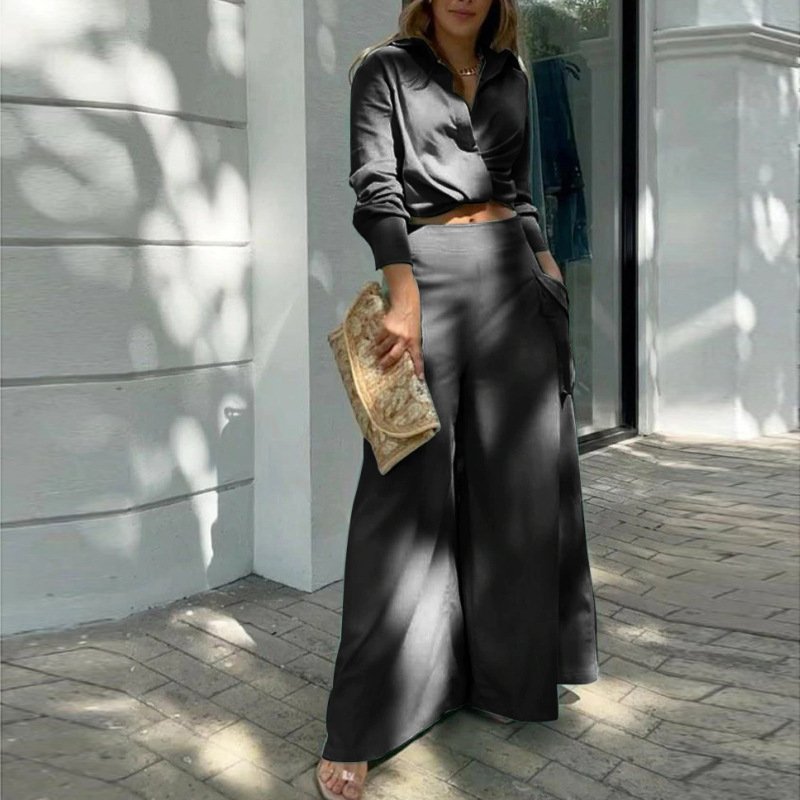 Casual Elastic Fall Two Piece Set Womens Clothing long sleeve blouse Plain Loose Polyester Wide Leg Pants Set Women