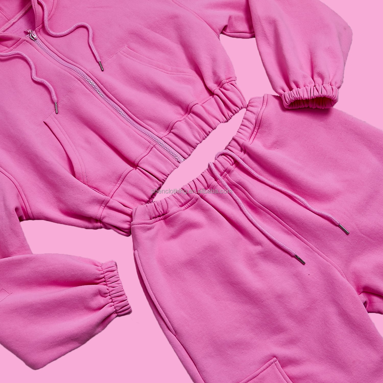 Autumn Winter Pink 420 Gsm Terry Fabric Thick Short Hoodie Sweatshirt Pants Tracksuits Sweatpants Jogger Two Piece Set For Woman