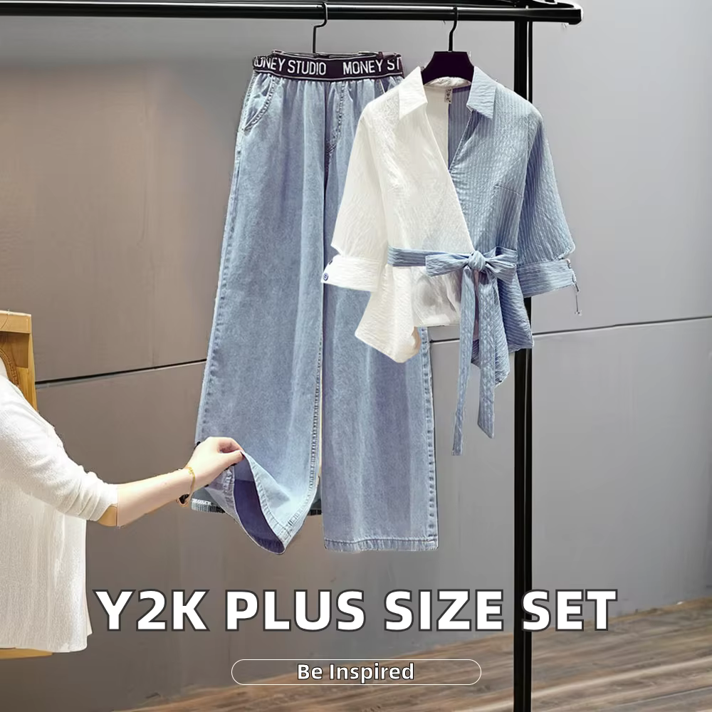 Women's Y2K Style High Waist Loose Fit Jeans Autumn Fashion Solid Color Block Shirt Plus Size Polyester for Adults