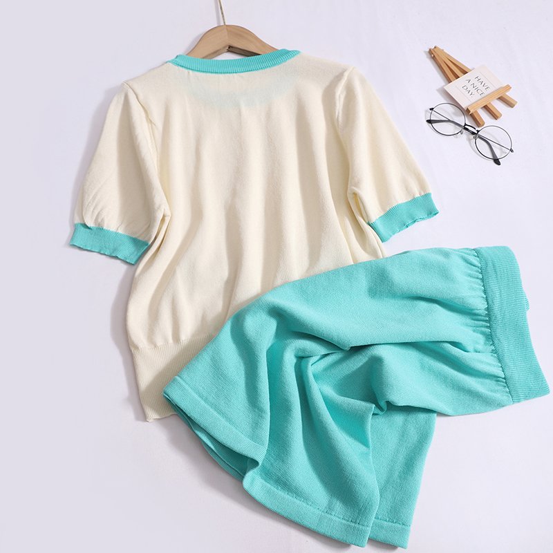 Wholesale 2024 Summer New Fashionable Casual Round Neck Short Sleeve Knitted Shirt High Waist Half Skirt Women's Set