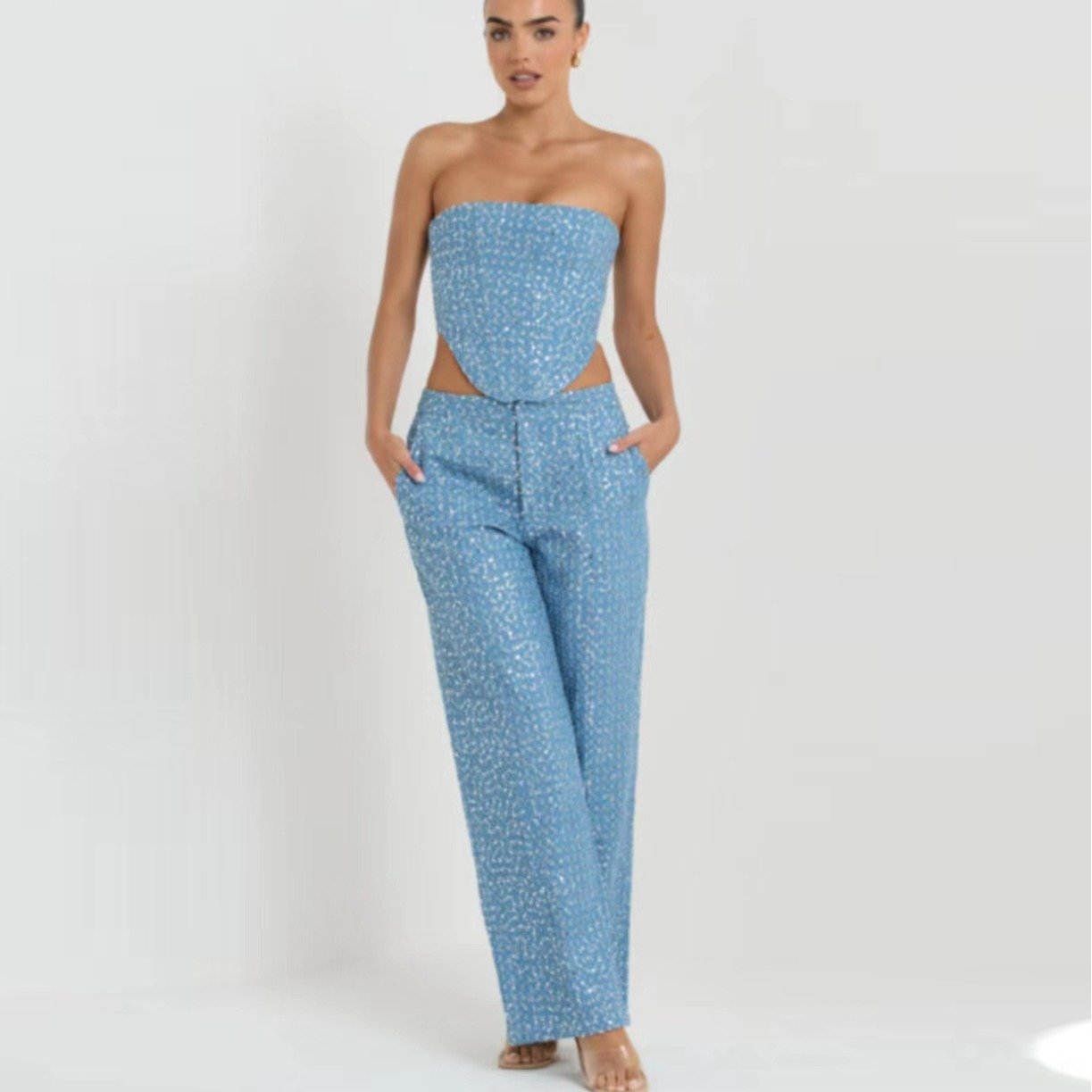 24 Spring and summer new hot selling Europe and the United States fashion denim sequin spread chest wide-leg pants suit