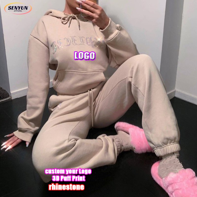 High Quality Winter Fashion 3d Embroidery 2 Piece Streetwear Sports Custom Rhinestone Logo Plus Size Jogger Hoodie Women'S Sets