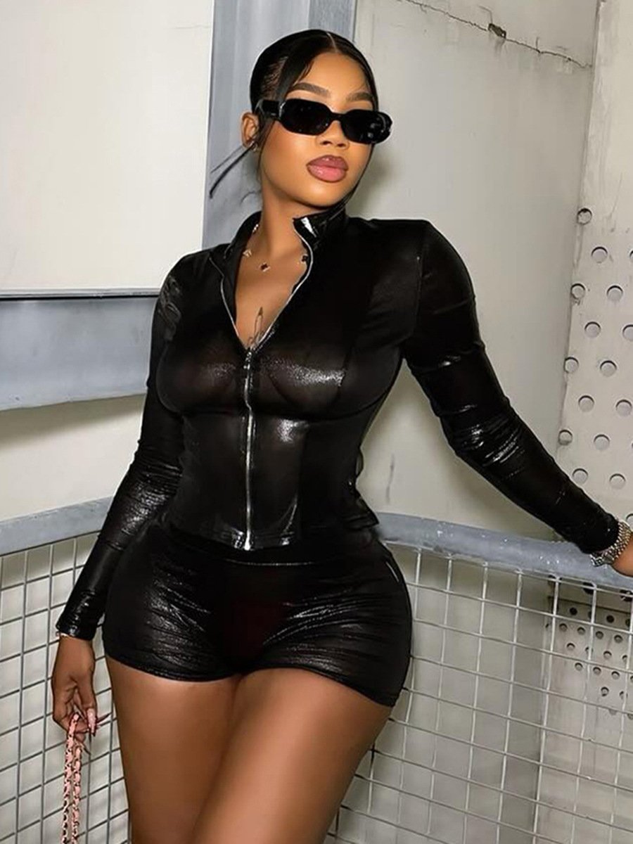 2024 spring zipper long sleeve crop top and shorts PU leather 2 piece set casual sexy women's set streetwear