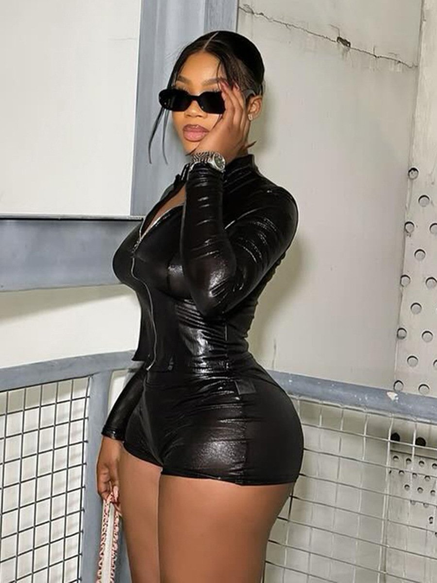 2024 spring zipper long sleeve crop top and shorts PU leather 2 piece set casual sexy women's set streetwear