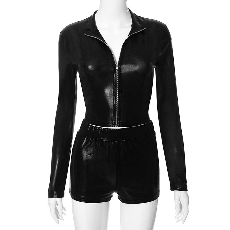 2024 spring zipper long sleeve crop top and shorts PU leather 2 piece set casual sexy women's set streetwear