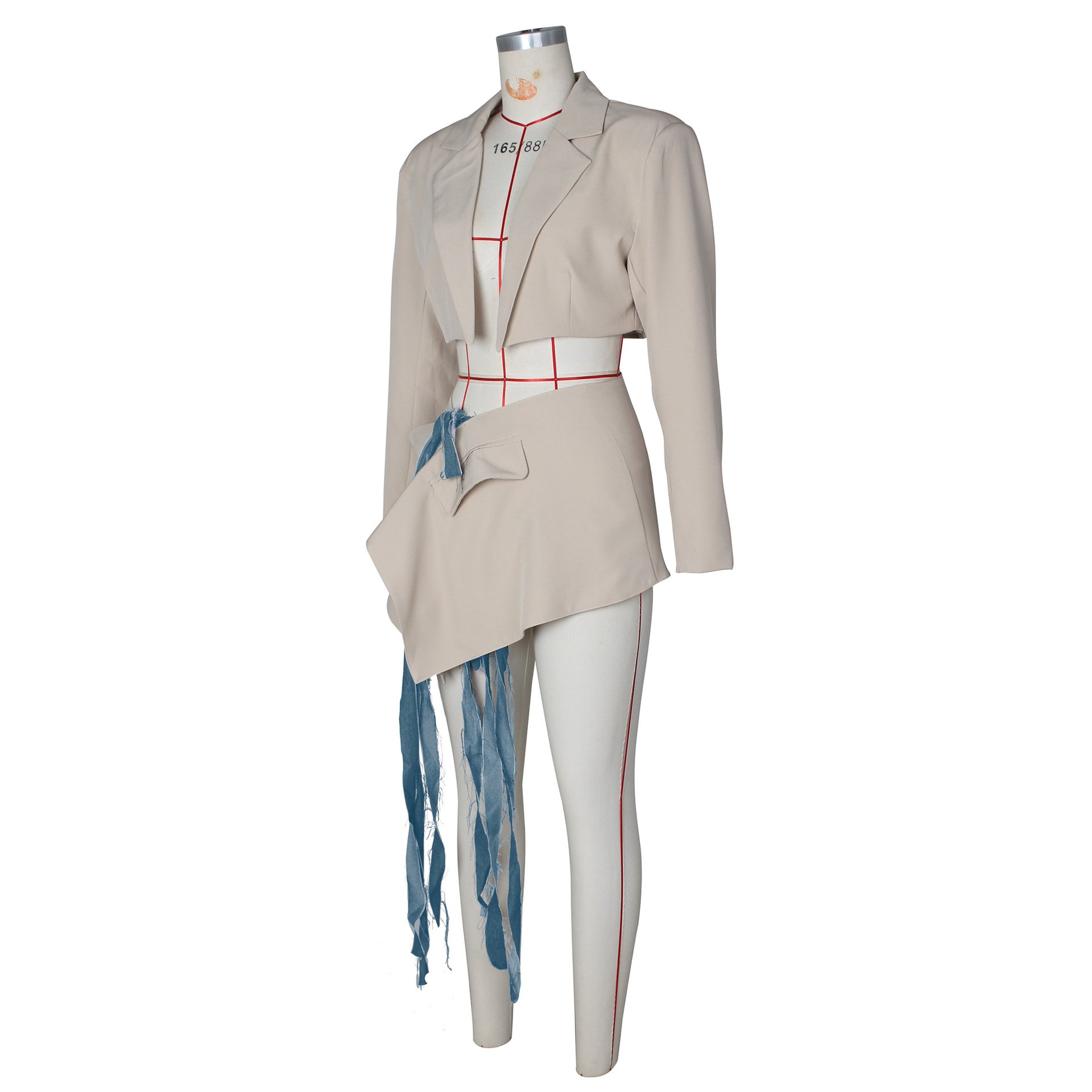Latest Design Fall Outfits Solid Color Women's Blazers Top And Denim Bandage Mini Skirt Set For Women